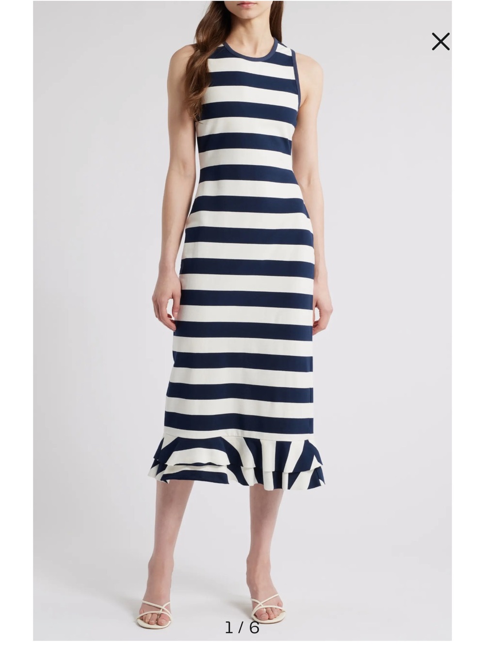 Du Paradis Musa Navy White Striped Ruffle-Hem Cotton Stretch Midi Dress Coastal